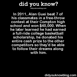 did-you-kno:  In 2011, Alan Guei beat 7 of his classmates in a free-throw contest at their Compton high school and won ุ,000. When he later learned he had earned a full-ride college basketball scholarship, he donated his entire cash prize to the other