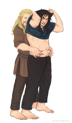 hvit-ravn:   Anonymous asked: Did Fili likes Kili being chubby?  kili: you were supposed to help me with this shirt! stop it! fili: sorry, bro, but i couldn’t resist. you’re so cute! 