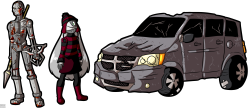 This was commissioned by someone on deviantART called 113420,  and he wanted me to draw his three original characters, Mike the Robot, Eve, and their Mystical Minivan.