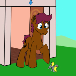 thelikeablepony:  adventuresofthecolossalpony:  OC Challenge day 3 - Color portrait i didn’t really know what to do here, so here’s joey in front of his house confronting the mail mare.  derpy is best pony :3  x3