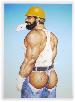 Greeting cards, 1994Produced by B-productsIllustrations by Gengoroh Tagame (田亀源五郎) Photographed from the collection of the Tom of Finland Foundation. Gengoroh Tagame on the origin of these cards: These 3 were made for the original greeting cards