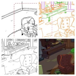 background progession from Jake the Brick BG designer - Derek Hunter derekdraws:  #BackgroundDesign #Process from storyboard panel to colors from the #AdventureTime episode #JakeTheBrick. First I start out with a storyboard panel that sets the scene