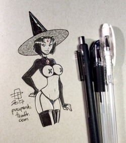 pinupsushi: Bonus Naughty Witchtober tiny doodle - Witchy Latex Raven. I may be running low on markers and sketchbooks, but I still have my gel pens and a leftover toned sketchbook! Been feeling like crap with barely anything working out today and I reall