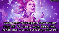 fairytailconfess:  I wonder what would happen if celebrities joined Fairy Tail? For example, Lindsey Stirling…I think she’d be great as a mage and they’d all love her!     – submitted by anonymous