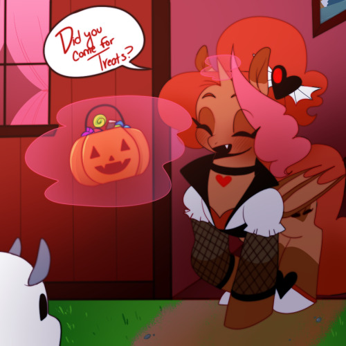 missromancedy:“ Did you come for treats? Well Happy Nightmare Night~! “Romas not the type to go out for Nightmare Night but she’ll certainly hand out candy to the young fillies that come costumed to her doors uwu though she won’t turn away adults