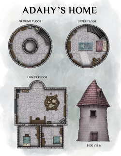 venatusmaps:  Here’s the humble tower for our campaign’s starting wizard guide! In addition to the standard wizarding accoutrement this tower also has: a scrying pool upstairs to assist in divination spells, a suit of animated armor on the ground