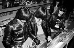 gimme-gimme-shock-treatment:  Record Shopping with the Ramones, at the now-vanished Free Being Records on Second Avenue, photo by Danny Fields, NYC 1976 