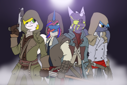nexus-art-stuff:  finished up the AC unity picture with White Sky, Ug, Nexus and Lightking.it’s an alright art I guess.  OOOOOOOHHHHHH MY GOOOOODDD! WHAT IS THIS! UG FANART CROSSED WITH AC! I NEVER THOUGHT I&rsquo;D SEE THE DAY! AND HE AS HAS A FREAKIN
