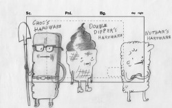 Root Beer Guy concept drawings by storyboard artist Graham Falk    There was no preexisting model for the hardware store owner so Graham drew these concepts to explore different directions/candies.