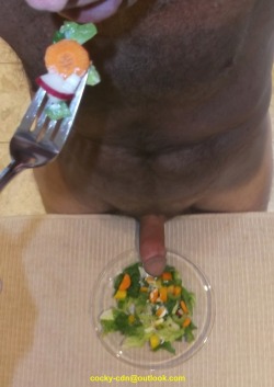 cocky-canadian-guy:  Cocky Canadian - Food Fun - Salad with “dressing” - Taking a bite of my salad, with cum dressing.  