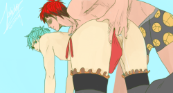 kohichapeau:  So I was studying how to draw porn…. and it became kagakuro so I just continued the drawing I did from before where Kuroko is wearing this outfit LOL…