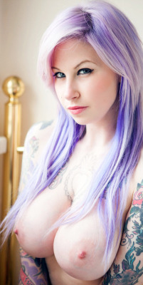 nsfwmind:  porn-is-fantastic-born-again:  http://www.tumblr.com/blog/porn-is-fantastic-born-again  Busty and tattooed with purple hair 