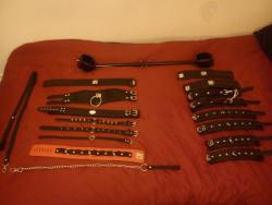sexslavefantasy:  rollinokie:  submissionandfetishism:  selfslave1657:  submissionandfetishism:  Mine and Little One’s collection. The collection is as follows: 7 x Collars. 4 x pairs of leather cuffs. 1 x Leg spreader bar. 2 x Leashes. 2 x Wartenberg