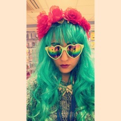 #me #Selfie #bluehair #fakehair #heartshapeglasses #sunglasses #flowers #floralcrown #redflowers #clairesaccessories @clairescroydon