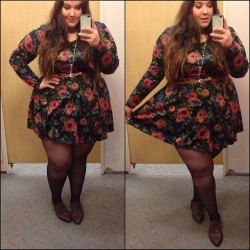 nataliemeansnice:  nataliemeansnice:  everything was floral and nothing hurt.   long sleeve floral skater dress - forever21+ // gold and krystal necklace - forever21 // brown skinny belt - asoscurve // sheer black tights - catherine’s // wine-colored