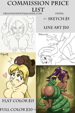 Here’s a price sheet to show off some examples of my art! If you’re interested just contact me at DrGonzoHentai@gmail.com and you can also support my art through Patreon! Please help spread the word! Even if it is just a reblog! ;)