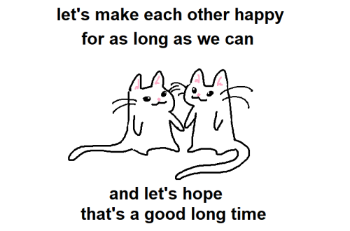 bee-structure: [ID: a simple line drawing of two squat cats sitting on their haunches with their paws almost touching, as if holding hands. Their tails are long and thin, and they have long whiskers coming from their smiling faces and pink noses. Their