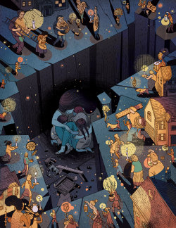 victongai:  Cosmic Pizza Victo Ngai A piece accompanying a heart-wrenching real life story in Cincinnati Magazine. The owner of Cosmic Pizza owner Rich Evans was shot and killed in front of his wife and kids outside of their family restaurant. This threw
