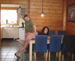 whatmakesaspanko:  Even over the weekends - while at the up north cabin - if the wife is in need of a bit of domestic discipline - the main dining table works just fine. She was a bit grumpy this morning and so dad told the kids to go down and take the