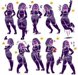 littlesmartart:  I spend so much time using faces to convey emotions that I figured trying out the emoji challenge on tali’zorah would be good body language practise! it was also really interesting trying to figure out how to simplify down her outfit