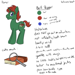 Reference Sheet for Bell Pepper, Gladstone&rsquo;s first pony OC.  He&rsquo;s an historian, but also works as a tutor to meat head jocks who need to pass to play their respective sports.  Really fun to make this guy, enjoy dude!