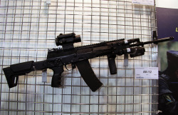 cerebralzero:  slavshit:  josemctijuana:  Latest in the line of the Kalashnikov family, the AK-12.  Weighs 7 pounds, about 37” long and has a 16 inch barrel, but it can be swapped out for other barrels. Available calibers are as follows: 5.45x39mm