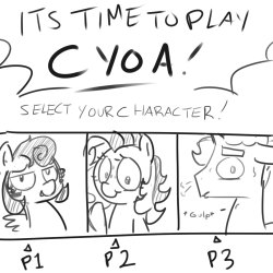 A little experiment I decided to try on the 4chan /mlp/ milky thread. A choose your own adventure comic where people would vote on what happens next. Lots of participation, was quite enjoyable. Plan to try more of this.