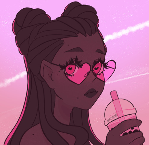 pepijopa: ღ that summer  ღ [ID: Portrait illustration of a girl with dark skin and brown long hair with space buns. She’s wearing pink heart shaped sunglasses.] 