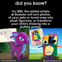 did-you-kno:  For ๕, the skilled artists at Budsies will turn photos of your pets or loved ones into plush figurines, or transform your child’s drawing into a stuffed animal.Source