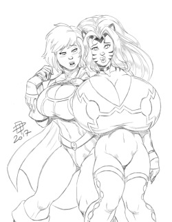 pinupsushi: callmepo:  Sketch commission for @ironbloodaika of Power Girl apprehending Mighty Endowed… and experiencing a little breast envy as well.  The bras is on the other chest so to speak…   Oh yes, there is a topless version as well.   ;9