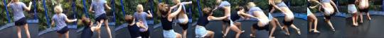 pantsing-love:Girl getting pantsed and wedgied by friend on a trampoline 