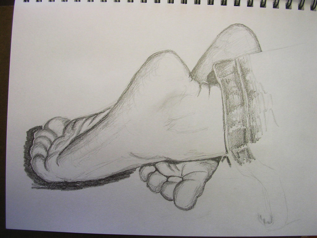 My son&rsquo;s feet, graphite on paper.