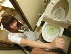 girl holds a man&rsquo;s dick while he pees - japanese nurse