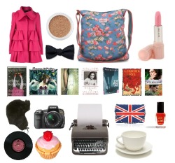 Me in objects. This is what my friends think represents me. My pink coat, gold eyeshadow, bows (on everything), my Cath Kidston schoolbag, my lipsticks, all my books and &ldquo;strange&rdquo; music, the fact that i keep going on about fur hats (XD), my