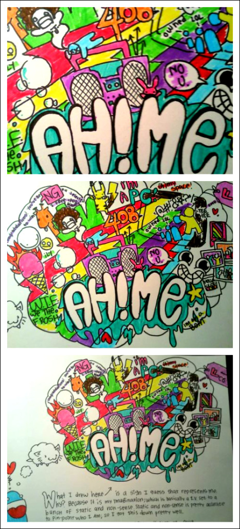 Here&rsquo;s an old project I had to do last year, it was one of those drawing projects where you had to draw about yourself. So I did, &ldquo;AH! Me.&rdquo; I rarely ever color my drawings, especially by hand because I&rsquo;m really bad at this, so this was an interesting project to do. follow if you want?http://ahme.tumblr.com:D