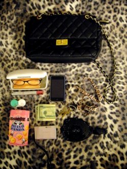 fuckyeahwhatsinyourbag:  Chanel chain bag: Eyeglasses, contacts case, strawberry Hello Panda, Ipod Touch 3g, house keys, random bills because my big ass wallet can’t fit :(, pink Fujifilm camera, Anna Sui travel mirror. Since this bag is really small,