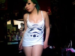 starwarssexy:  starwarsgonewild:  lookatthisfrakkinggeekster:  fuckyeahgeekgirls:   Made myself a storm trooper dress out of an old t shirt, super short though. Completely needed to wear this with shorts ha.  Excellent - thanks for the submission, vis-cer