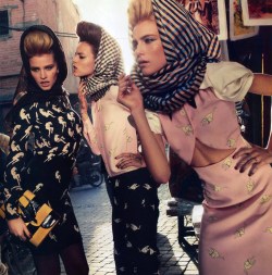 Lara Stone, Freja Beha Erichsen, and Dree Hemingway wearing Miu Miu in Vogue Paris by Inez and Vinoodh