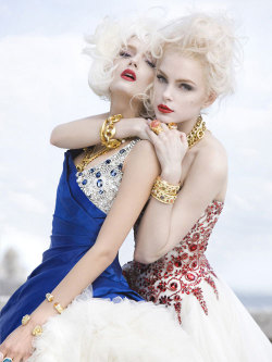 Lily Donaldson and Jessica Stam wearing McQueen by Sebastian Faena for V