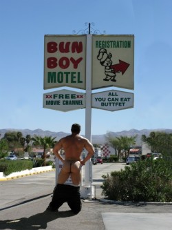 The Bun Boy motel is located in the middle of no where, half(ish) way between LA and Las Vegas.  Boy do those buns look tasty…  two pls!