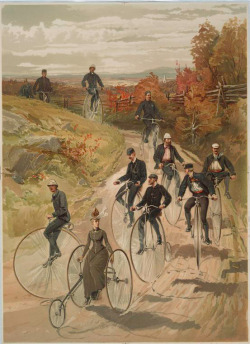 happygolovely:  “Bicycling,” date unknown. This pretty much seems like the WORST IDEA EVER. From The New York Public Library’s Digital Gallery.   The worst idea ever? Na welocypedach będzie szybciej!