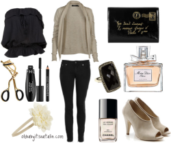ohbabyitsnatalie:  Starting from the top left side; Black tube top, creme cardigan, YSL wallet, Sephora makeup, black skinny jeans, black ring, Miss Dior Cherie perfume, floral head band, Chanel nail polish color Intermezzo, Forever21 creme pumps. 