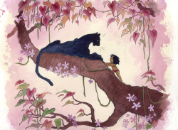 cliobablio:  cliobablio:  Mowgli &amp; Bagheera   Was reminded of this old painting because of the Jungle Book movie! For an art auction at work back in 2010.