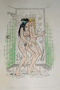 bcrb:  Betty and Veronica showering together nude. Art by the master Dan DeCarlo. 