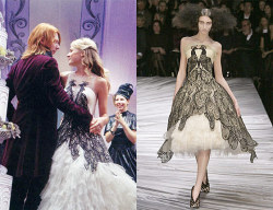 peppermonster:  Jany Temime, who is costuming the last Harry Potter movie,  explains that Fleur Delacour’s wedding dress “is made in organza and  decorated with a pair of phoenixes that face one another on the bodice  and form the silhouette of a