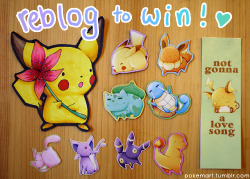 han-solo:  pokemart:  The holidays are a perfect time to do another draw, right? The winner will receive: 5 magnets (Pikachu, Eevee, Squirtle, Bulbasaur, Charmander) 3 stickers (Mew, Espeon, Umbreon) “Not gonna Raichu a love song” bookmark A drawing