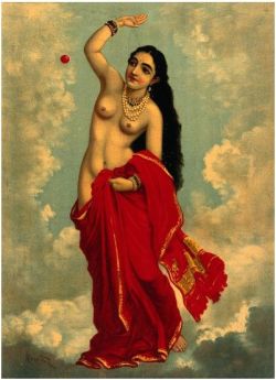 marsiouxpial:  Half-clothed Tilottama flying in the sky playing with a red ball. Chromolithograph by Ravi Varma. c.1896 
