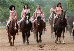 strange-is-good:  This photograph (copyright 2008 News Group Newspapers Ltd.) is from the Sun newspaper’s website and depicts a group of ladies riding in Hyde Park, London to promote a film about Lady Godiva. 