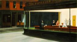  cavetocanvas:  Nighthawks - Hopper, 1942    &ldquo;Nighthawks—night &amp; brilliant interior of cheap restaurant&hellip;. Cherry wood counters &amp; tops of surrounding stools, lights on metal tanks at rear right; brilliant streak of jade green tiles