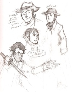 Page out of my sketchbook. THIS IS WHAT HAPPENS WHEN ANNE TRIES TO DRAW WILD WEST AU WITH THE LIGHTS OFF. 8I